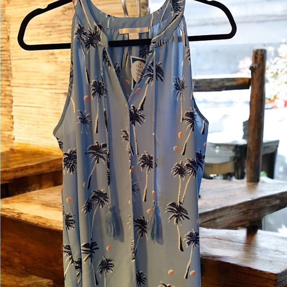 Blue Palm Tree Print Sleeveless Top